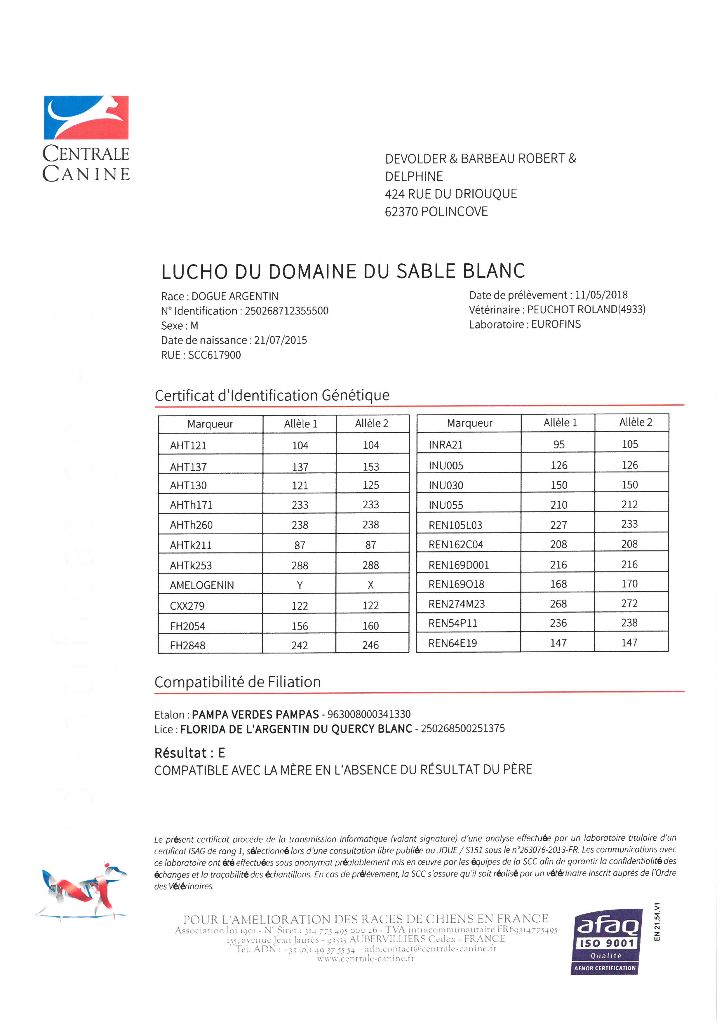 du Domaine du Sable Blanc - IDENTIFICATION GENETIQUE DE LUCHO DU DOMAINE DU SABLE BLANC